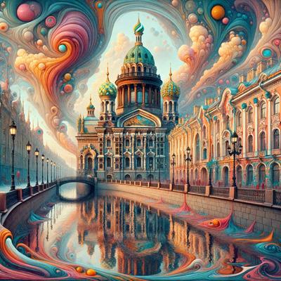 The primary subject of the image is a large, ornate building with a dome on top, situated next to a body of water. The building appears to be a church, and it is surrounded by a beautiful, colorful landscape. The setting includes a bridge and a river, adding to the overall atmosphere of the scene. The visual style of the image is a combination of digital art and illustration, creating a vibrant and lively mood.